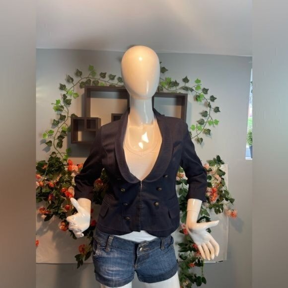 Ann Taylor LOFT Navy Cropped Blazer Jacket Double Breasted Brass Button 8 RefY20 - Picture 7 of 9